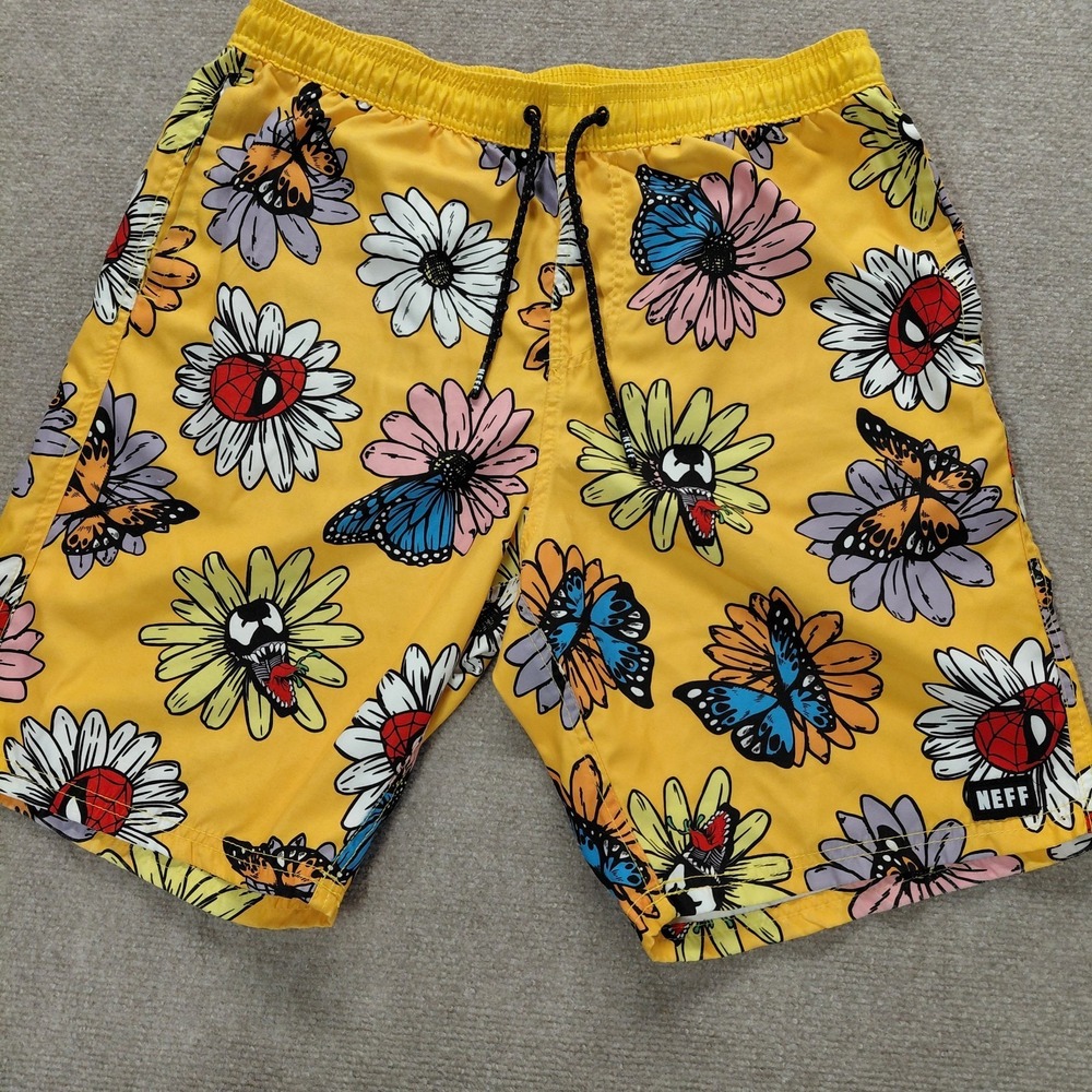 Marvel NEFF Spiderman Venom Men's LARGE Swim Trunks Board Shorts Yellow
